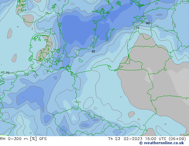 RH 0-300 m GFS czw. 23.02.2023 15 UTC