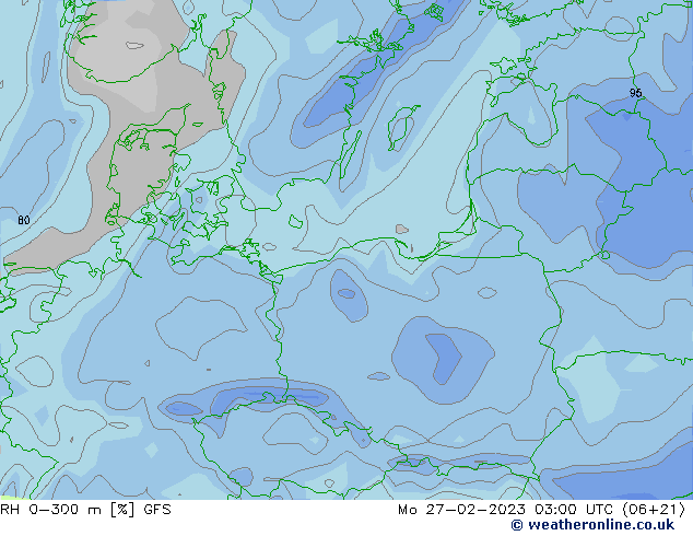 RH 0-300 m GFS pon. 27.02.2023 03 UTC