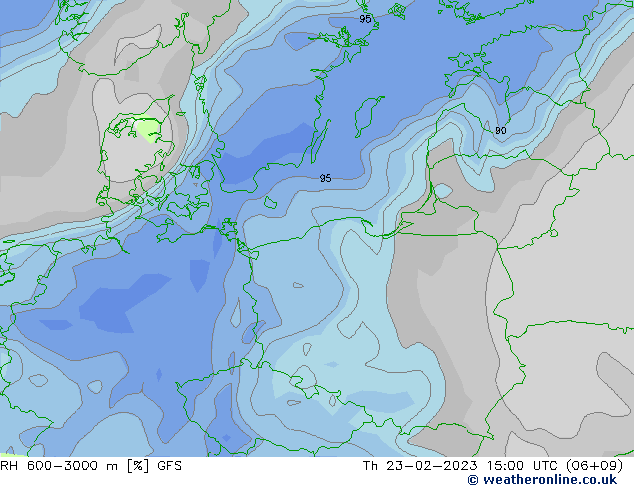 RH 600-3000 m GFS czw. 23.02.2023 15 UTC