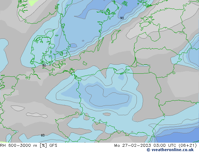 RH 600-3000 m GFS pon. 27.02.2023 03 UTC