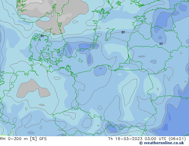 RH 0-300 m GFS czw. 16.03.2023 03 UTC