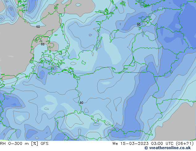 RH 0-300 m GFS śro. 15.03.2023 03 UTC