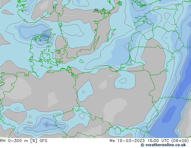 RH 0-300 m GFS śro. 15.03.2023 15 UTC