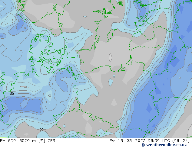 RH 600-3000 m GFS śro. 15.03.2023 06 UTC