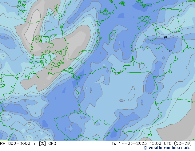 RH 600-3000 m GFS wto. 14.03.2023 15 UTC