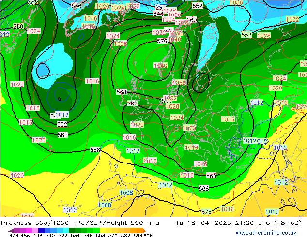 Thck 500-1000hPa GFS wto. 18.04.2023 21 UTC