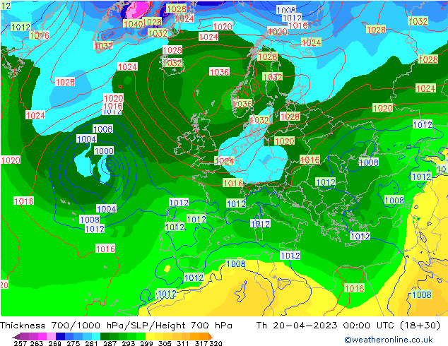 Thck 700-1000 hPa GFS czw. 20.04.2023 00 UTC