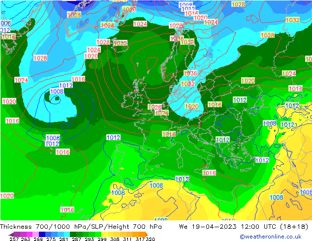 Thck 700-1000 hPa GFS śro. 19.04.2023 12 UTC