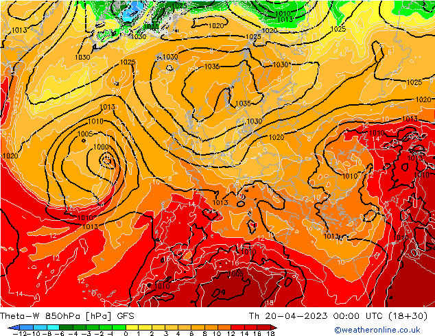 Theta-W 850hPa GFS czw. 20.04.2023 00 UTC