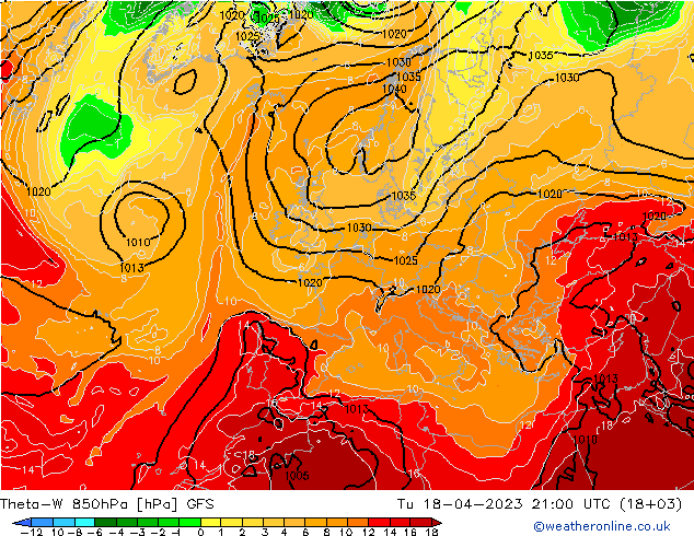 Theta-W 850hPa GFS wto. 18.04.2023 21 UTC