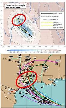 U dołu: prognoza wiązkowa położenia huraganu Katrina w ciągu najbliższych 5 dni (120 godzin) i błąd położenia huraganu wyznaczony dla 2-3 dnia w oparciu o tą prognozę. U góry - faktyczny tor huraganu.
