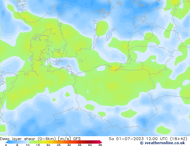 Deep layer shear (0-6km) GFS so. 01.07.2023 12 UTC
