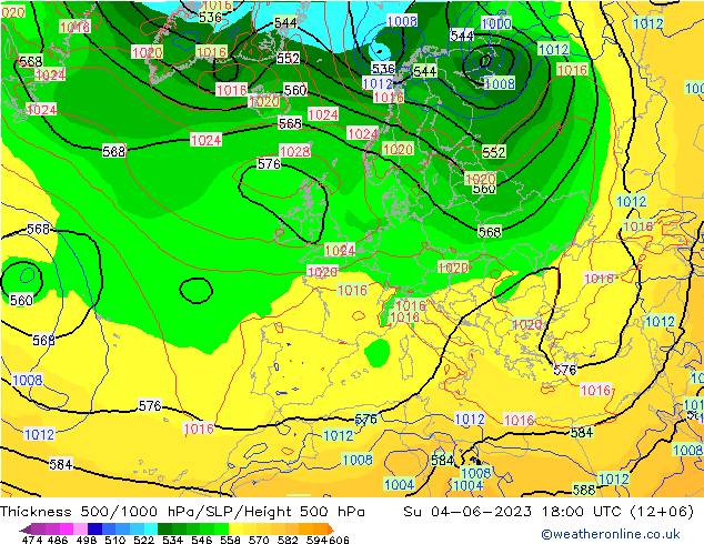 Thck 500-1000hPa GFS nie. 04.06.2023 18 UTC