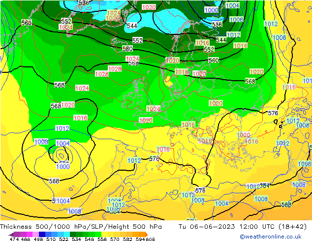 Thck 500-1000hPa GFS wto. 06.06.2023 12 UTC