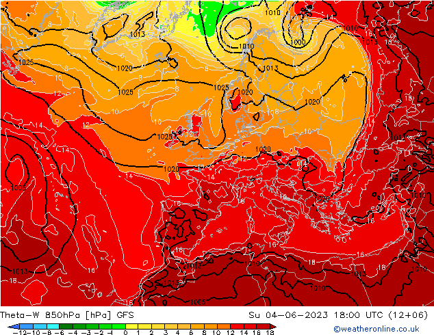 Theta-W 850hPa GFS nie. 04.06.2023 18 UTC