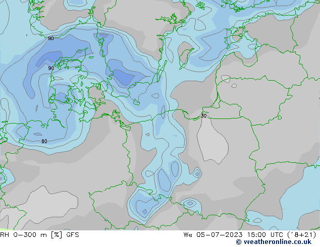 RH 0-300 m GFS śro. 05.07.2023 15 UTC