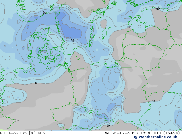 RH 0-300 m GFS śro. 05.07.2023 18 UTC