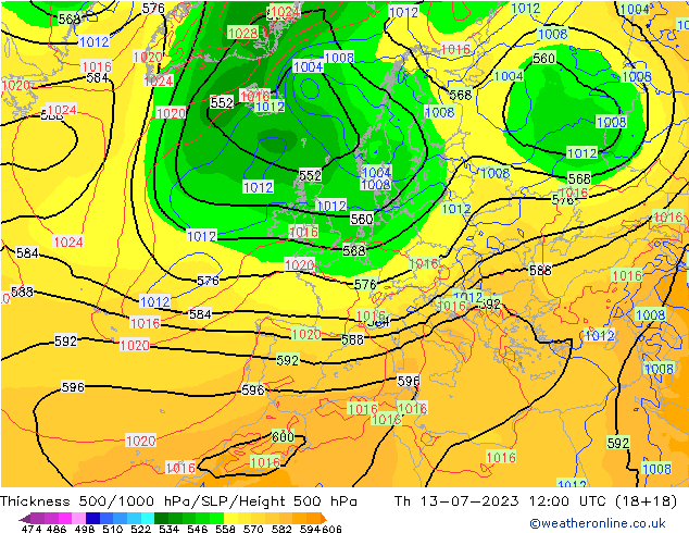 Thck 500-1000hPa GFS czw. 13.07.2023 12 UTC