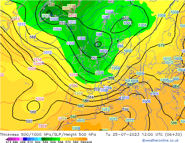 Thck 500-1000hPa GFS wto. 25.07.2023 12 UTC