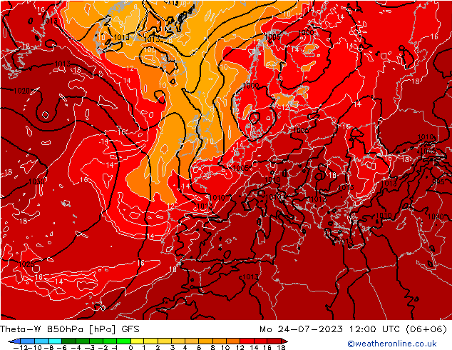 Theta-W 850hPa GFS pon. 24.07.2023 12 UTC