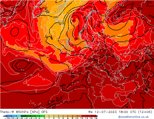 Theta-W 850hPa GFS śro. 12.07.2023 18 UTC