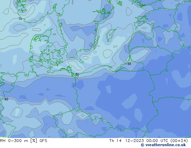 RH 0-300 m GFS czw. 14.12.2023 00 UTC