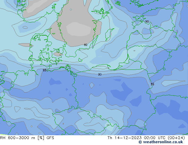 RH 600-3000 m GFS czw. 14.12.2023 00 UTC